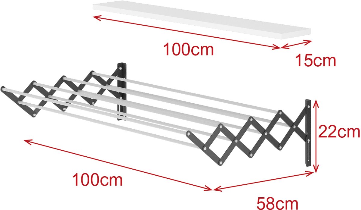 LUNOR – Accordeon Wasrek – Uittrekbaar – 100 cm – Wandmontage – Met Wandplank – Antraciet