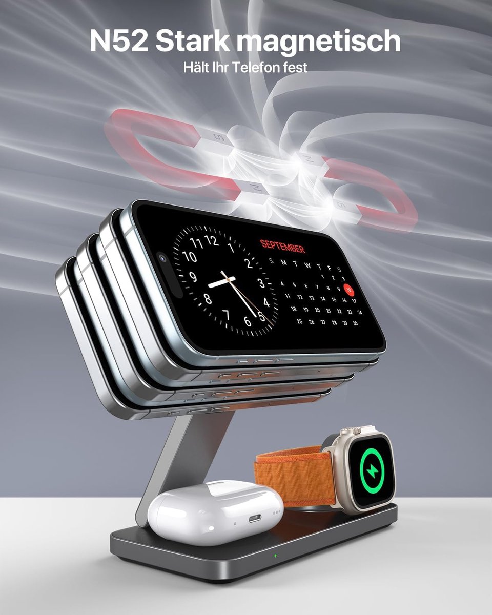 3 in 1 MagSafe Compatible Oplaadstation - voor iPhone Serie 17/16/15/14/13/12 & Apple Watch Modellen + AirPods - Tief Schwarz