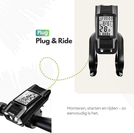 Zwarte fietscomputer met helder display op het stuur. Een andere fietscomputer ligt ernaast, klaar om aangesloten te worden.
