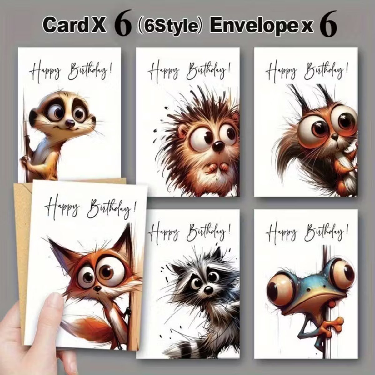 6x Dieren Verjaardagskaarten met Enveloppen – Leuke Cartoon Stijl – Happy Birthday Kaartenset – Voor Kinderen, Vrienden, Familie en Collega’s