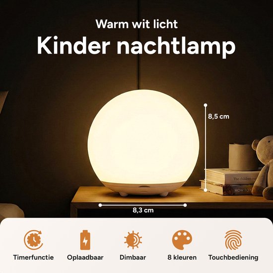 Oplaadbaar nachtlampje kinderen - 8+ kleuren - Tijdfunctie - Wake-up Light - Sfeerlamp - Leeslamp - Tafellamp slaapkamer - Nachtlampje volwassenen - Touch bediening - Dimbaar - Draadloos - Nachtlampje baby - Draadloos bedlampje