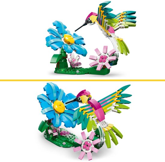 Un colibri LEGO buvant du nectar d'une fleur bleue, avec une fleur rose.