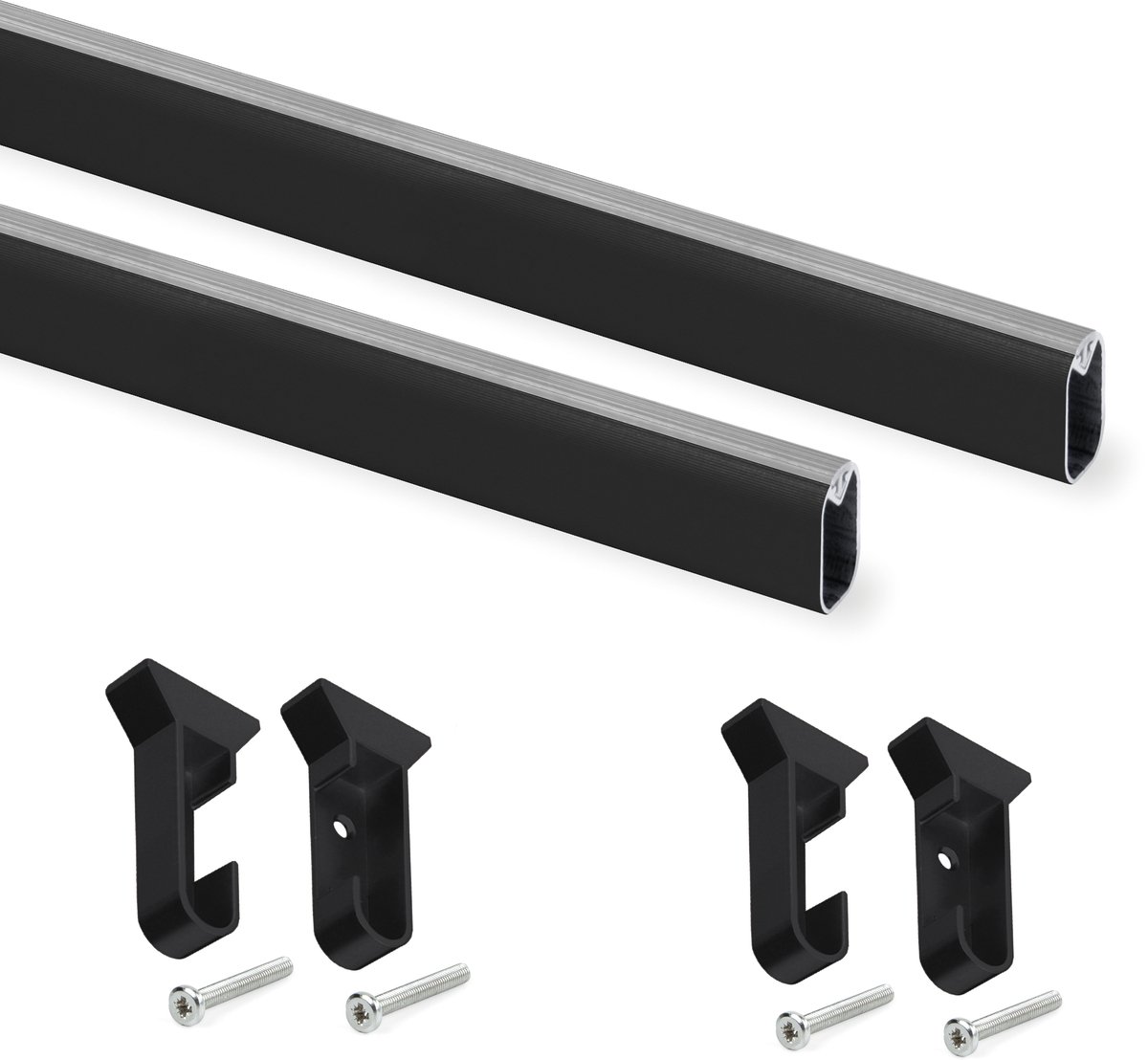 Emuca Lot van 2 Silk kast rails 1,15m lang met beugels, Aluminium en Plastic, Zwart gelakt