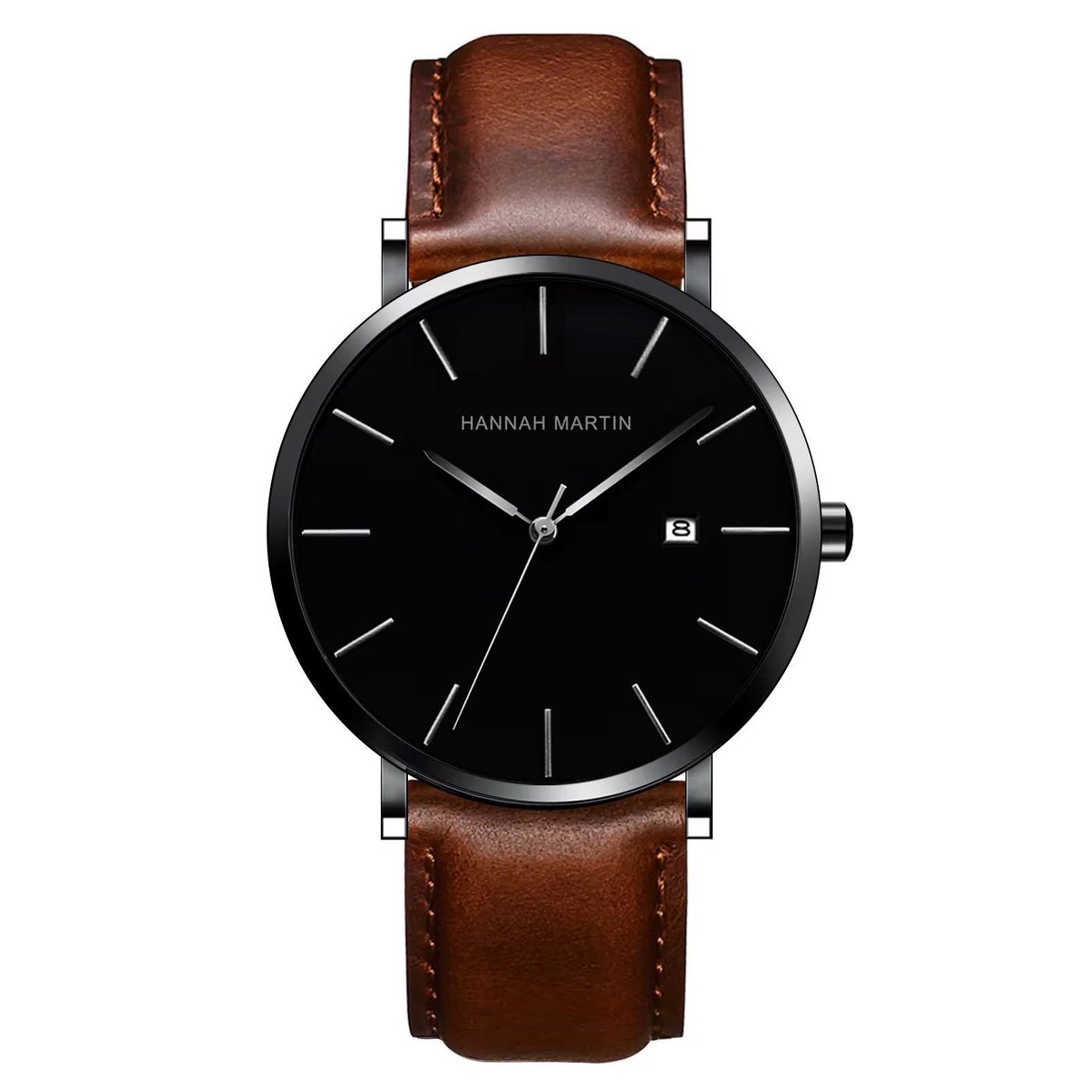 Hannah Martin Heren Horloge ZwartBruin | Zwart Plaat | Bruin Lederen Polsband | Goudkleurig Wijzers | Heren Horloges | Horloges