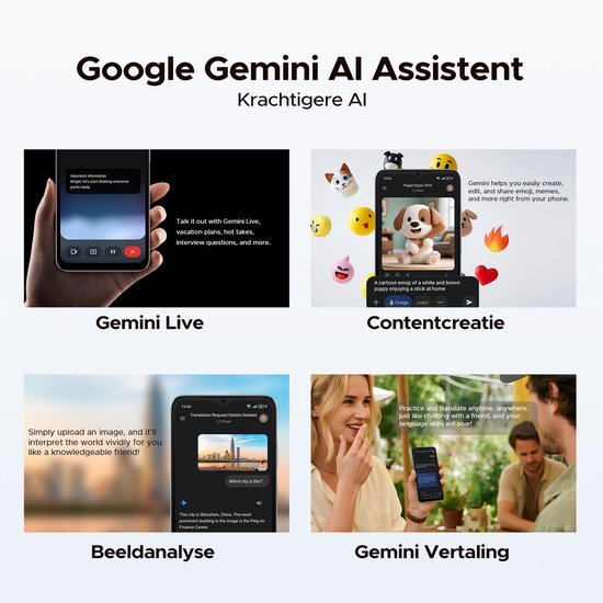Illustraties van Google Gemini AI assistent functies: live chat, content creatie met emoji's, beeldanalyse, en vertaling.