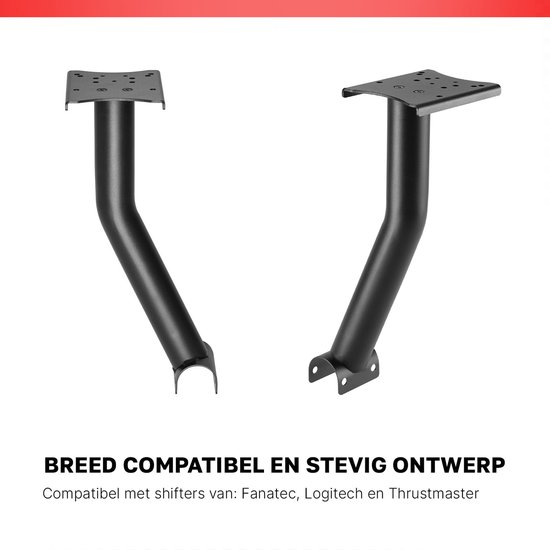 Twee zwarte, stevige stuurwielmontages voor racecockpits, breed compatibel met Fanatec, Logitech en Thrustmaster.