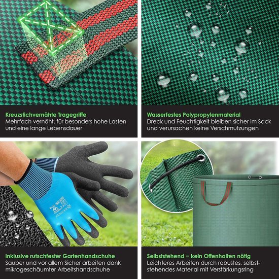 Tuinzak 272 en 500 liter inclusief handschoenen zelfstandig 4 handgrepen stabiel robuust opvouwbaar voor gazon en groenafval — afbeelding 5