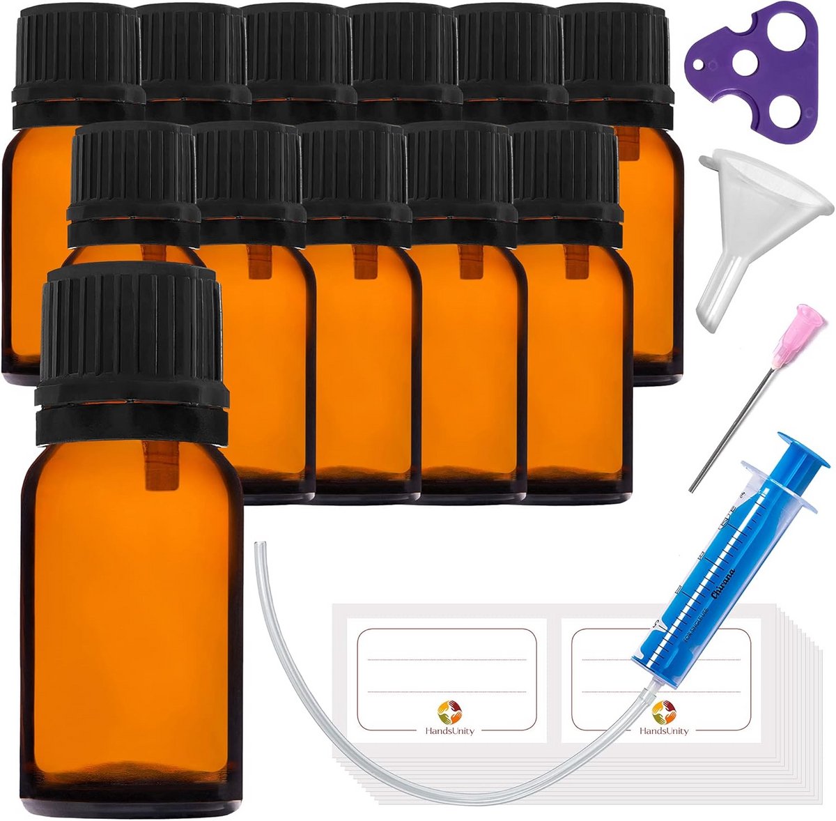 Set van 12 Amberkleurige Glazen Flesjes van 50 ml met Pipetten en Toebehoren