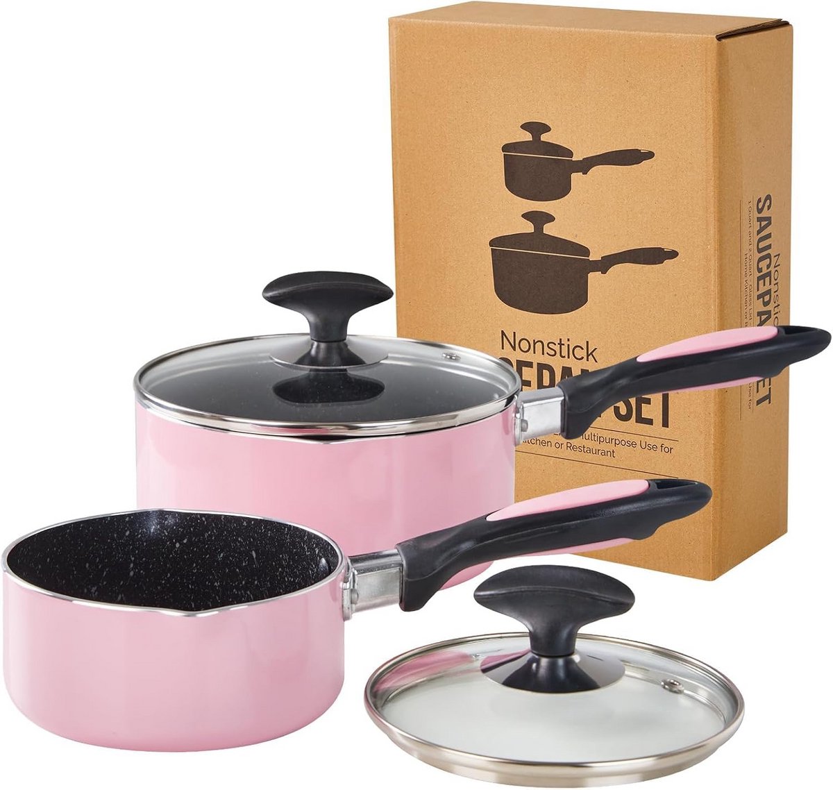 Non-stick sauspannen set met glazen deksels 1L en 2L - roze