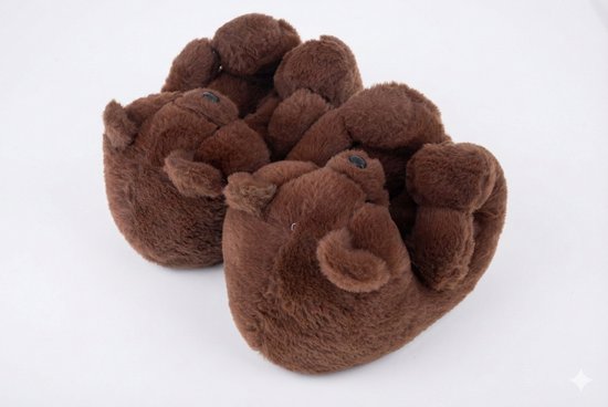 Twee bruine, pluche teddybeer sloffen, van voren gezien, zittend op een witte achtergrond.