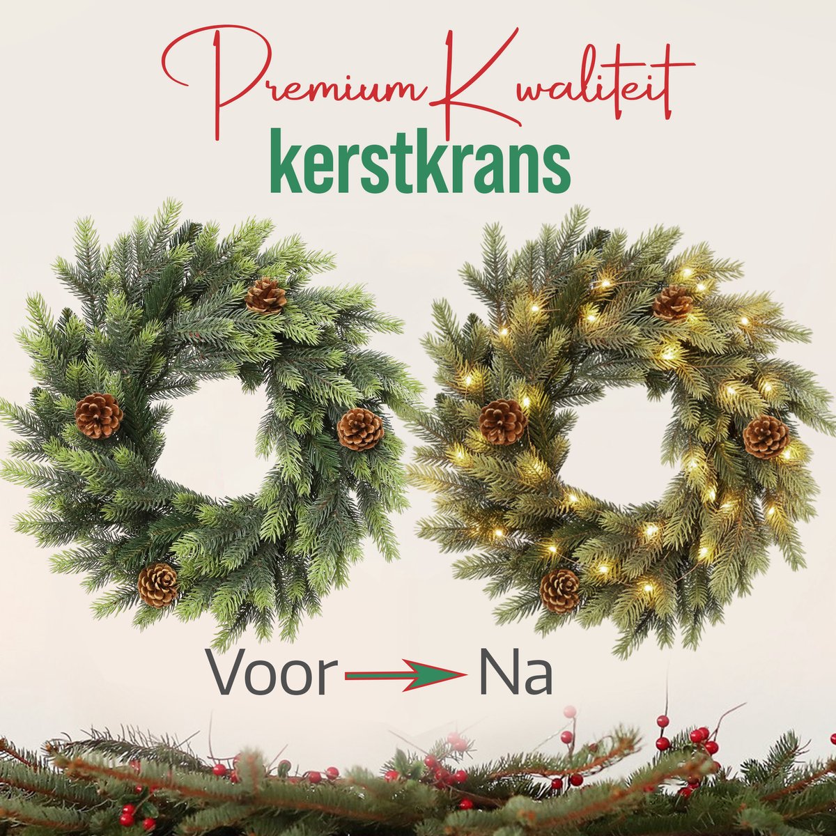 Meisterhome® Kerstkrans 50 cm – Inclusief 50 LED Lampjes – Elegante Gouden Ophangbeugel – Geschikt voor Binnen & Buiten - Kerst krans – foto 2