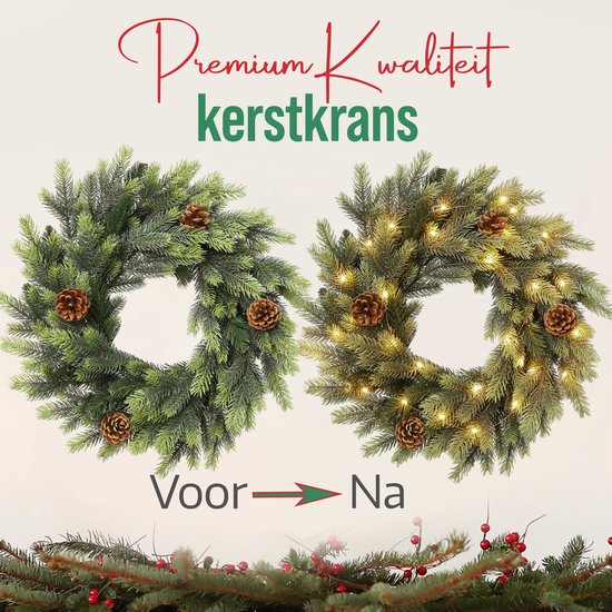 Meisterhome® Kerstkrans 50 cm – Inclusief 50 LED Lampjes – Elegante Gouden Ophangbeugel – Geschikt voor Binnen & Buiten - Kerst krans