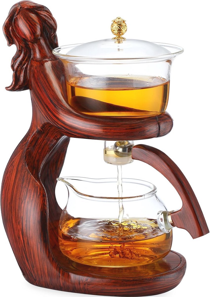 Semi Automatische Glazen Theepot Set met Infuser en 6 Kleine Kopjes
