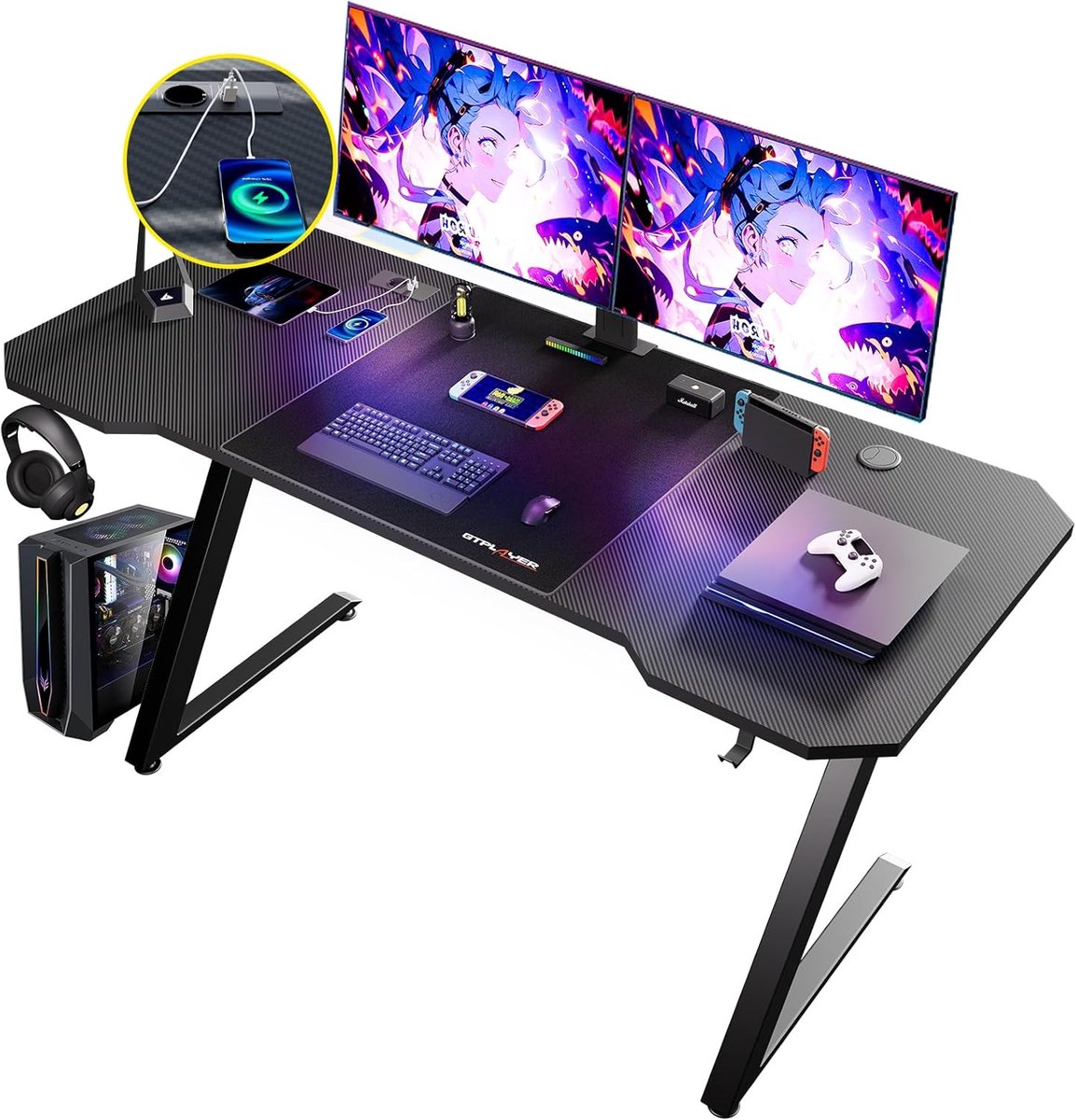 GTPLAYER - Gamingtafel 120x60 cm - Met Koolstofvezel en Stekkerdoos - Zwart