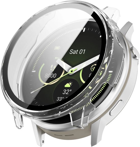 Transparante beschermhoes met een helder smartwatchscherm, 'Sat 01', 8000 stappen, 32° en 33° 28°.