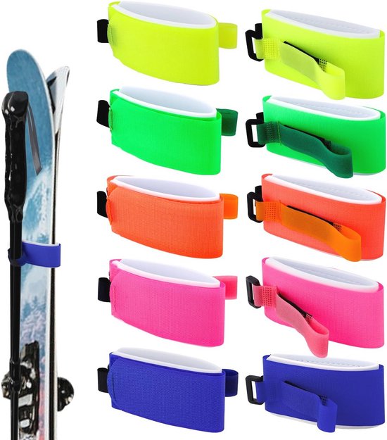 10-Pack Ski Strap Fasteners - 2-in-1 Adjustable Ski Carry Straps for Snowboard and Ski Poles - Protective Ski Gear Organizer - Christmas Winter Gift (5 Bright Colors)