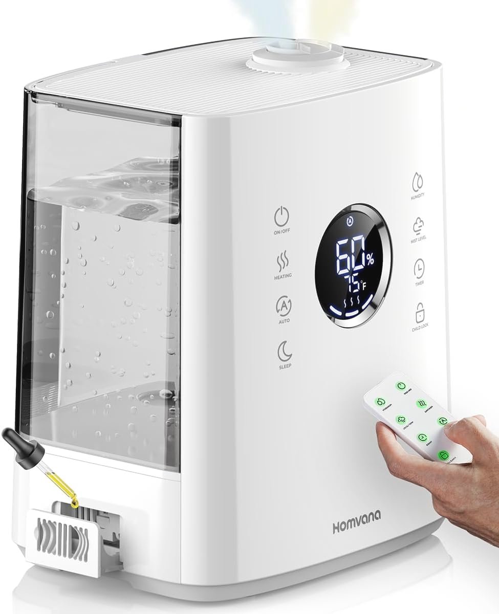 Luchtbevochtiger voor slaapkamer en grote ruimtes, 6,5 liter capaciteit, warme en koele nevel, gedistilleerde sterilisatie, etherische oliediffuser