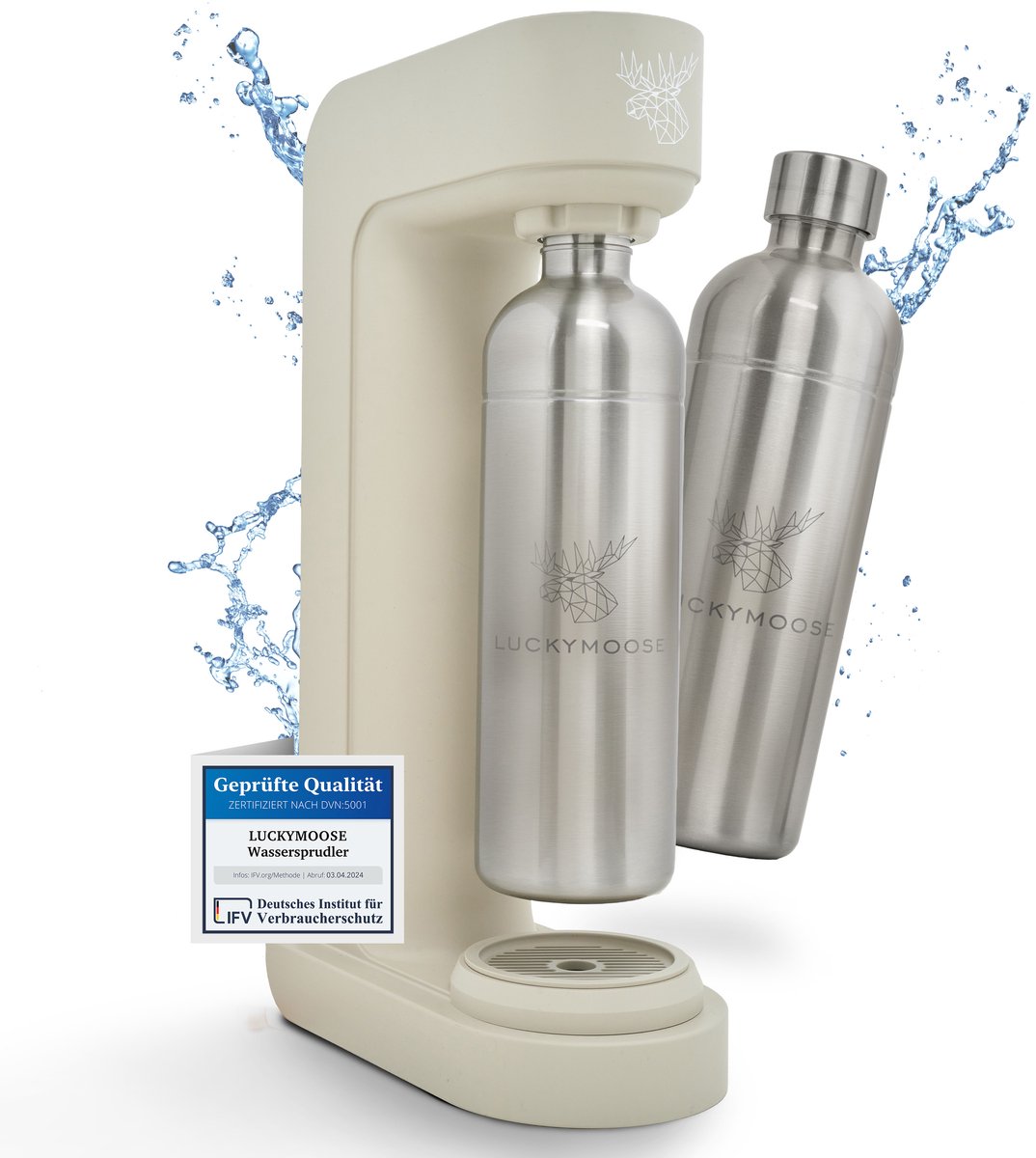 Luckymoose Bruiswatertoestel - Infinity - Soda Maker met 2x 1,25L RVS Drinkfles Zilver - Bruiswater Machine - Zand