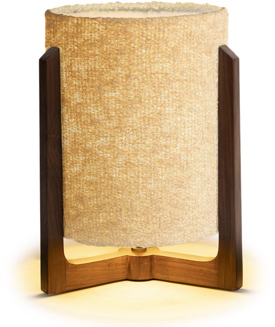 Atmooz Enzo Tafellamp – H 43 cm – Ø 28 cm – E27 fitting – Teak houten voet – Bouclé lampenkap – Authentieke tafellamp voor woonkamer, slaapkamer