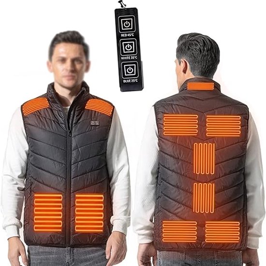 Man met zwarte verwarmende bodywarmer; voorkant en achterkant tonen verwarmingszones. Inzet toont afstandsbediening met temperatuurinstellingen.