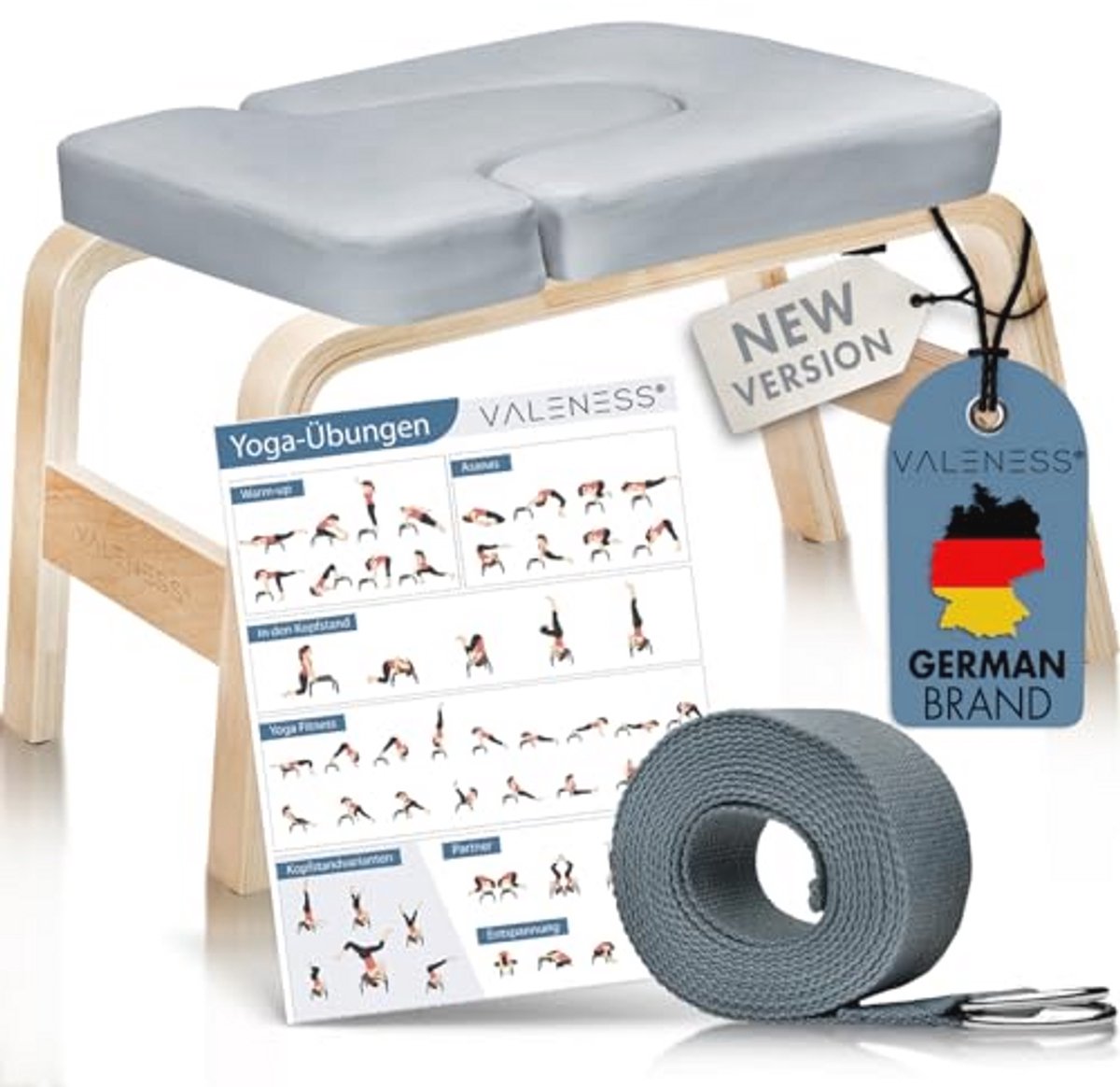 Yoga Hoofdstandbank - Kwaliteitsvolle Yoga Bank Inclusief Yoga Strap, Yoga Blok & Oefenposter - Yoga Stoel voor Hoofdstand Training van Massief Hout - Textiel Grijs
