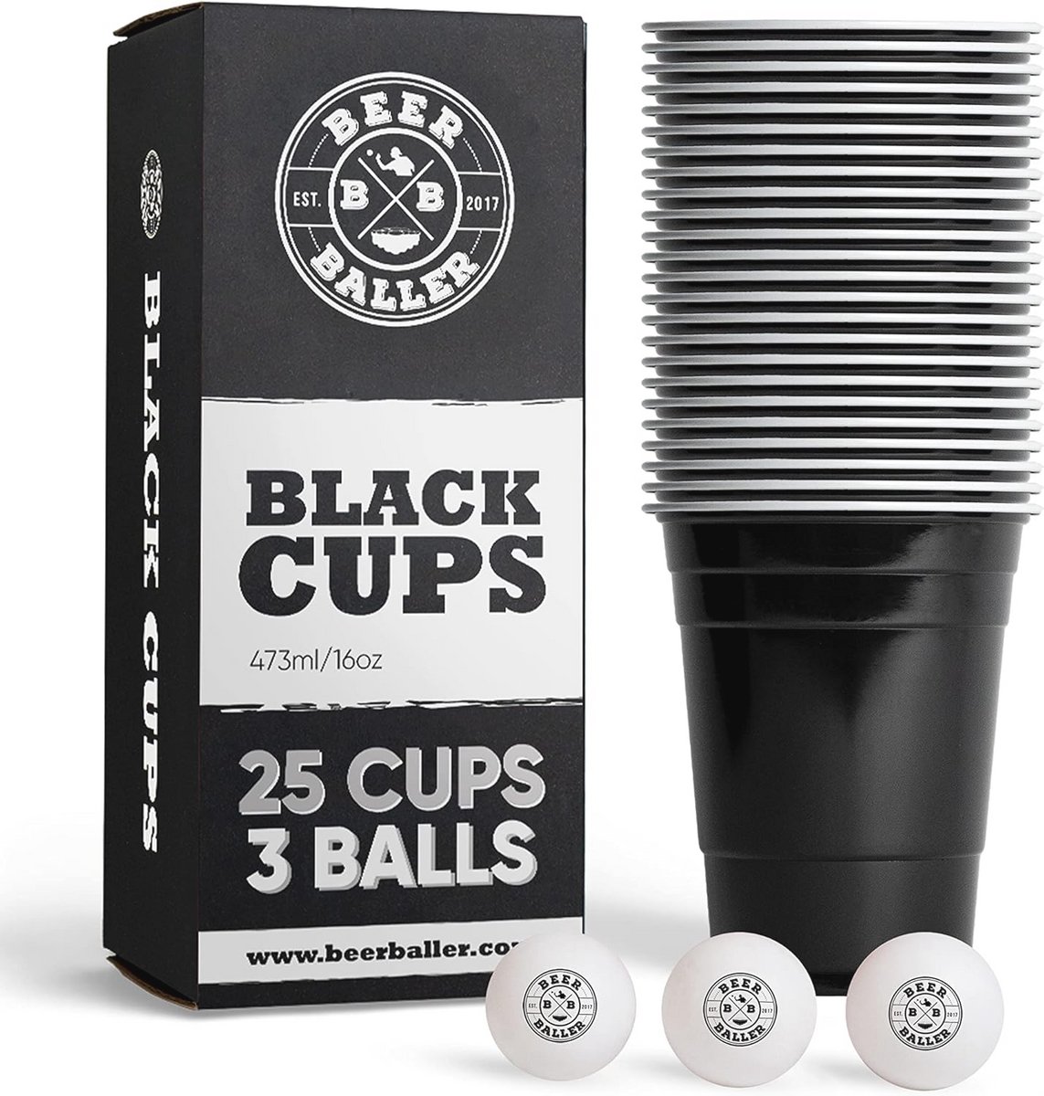 Zwarte Beer Pong Cups - 25 herbruikbare en vaatwasmachinebestendige bekers met 3 ballen voor feesten | 16oz - 473ml | Perfect voor elk feestje