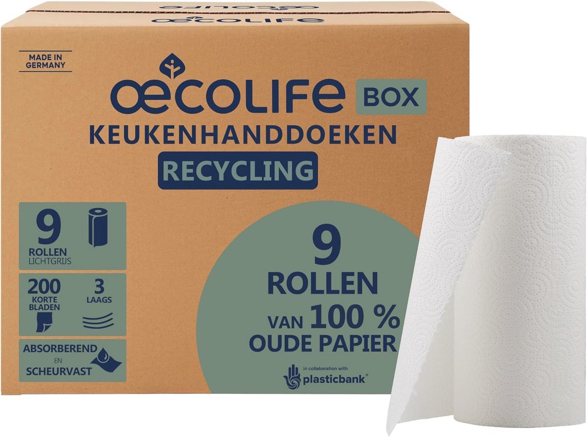 oecolife Recycling Keukenhanddoeken, 9 rollen à 200 vellen, korte bladen, keukenrollen, grote verpakking, plasticvrij, duurzaam, huishoudelijke rollen, multifunctionele doeken, papieren handdoeken,