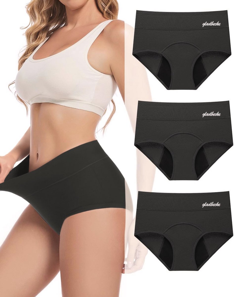 Gladbecke Menstruatieondergoed voor vrouwen, Heavy Flow - Lekvrij, hoge taille katoenen menstruatieslipje, verpakking van 3 stuks
