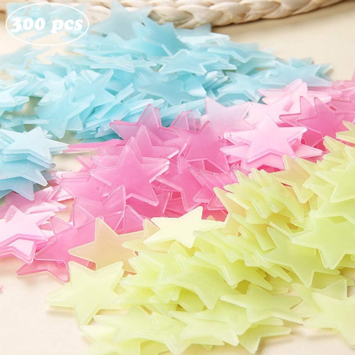 QTTVBTNA 1200 stuks Glow-in-the-Dark Sterren – Geel/Blauw/Roze – Wand- en Plafondstickers
