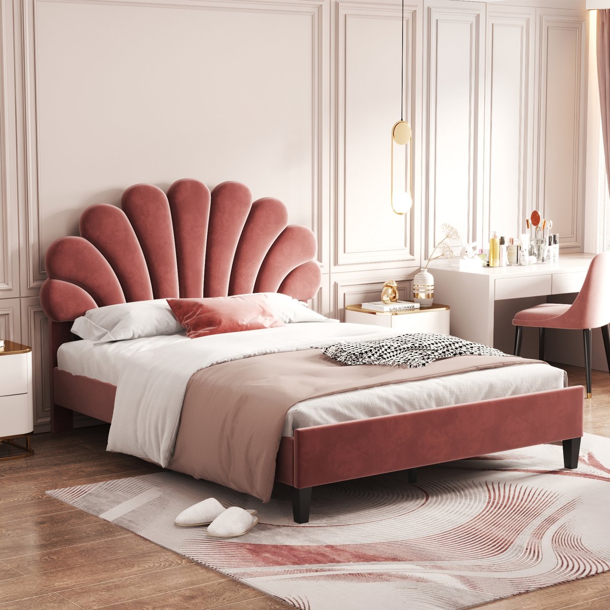REDOM bedframe 140x200 cm – Fluweel bean paste red – Bloemvormig hoofdbord – 12 latten – 250 kg Bonenpasta rood