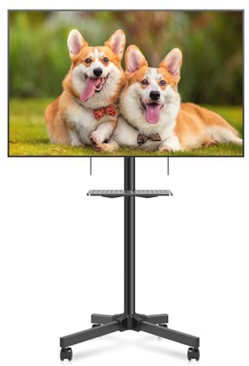 Mobiele tv-standaard op wielen voor 21-60 inch tv's, hoogte verstelbare trolley met plank en vergrendelbare wielen