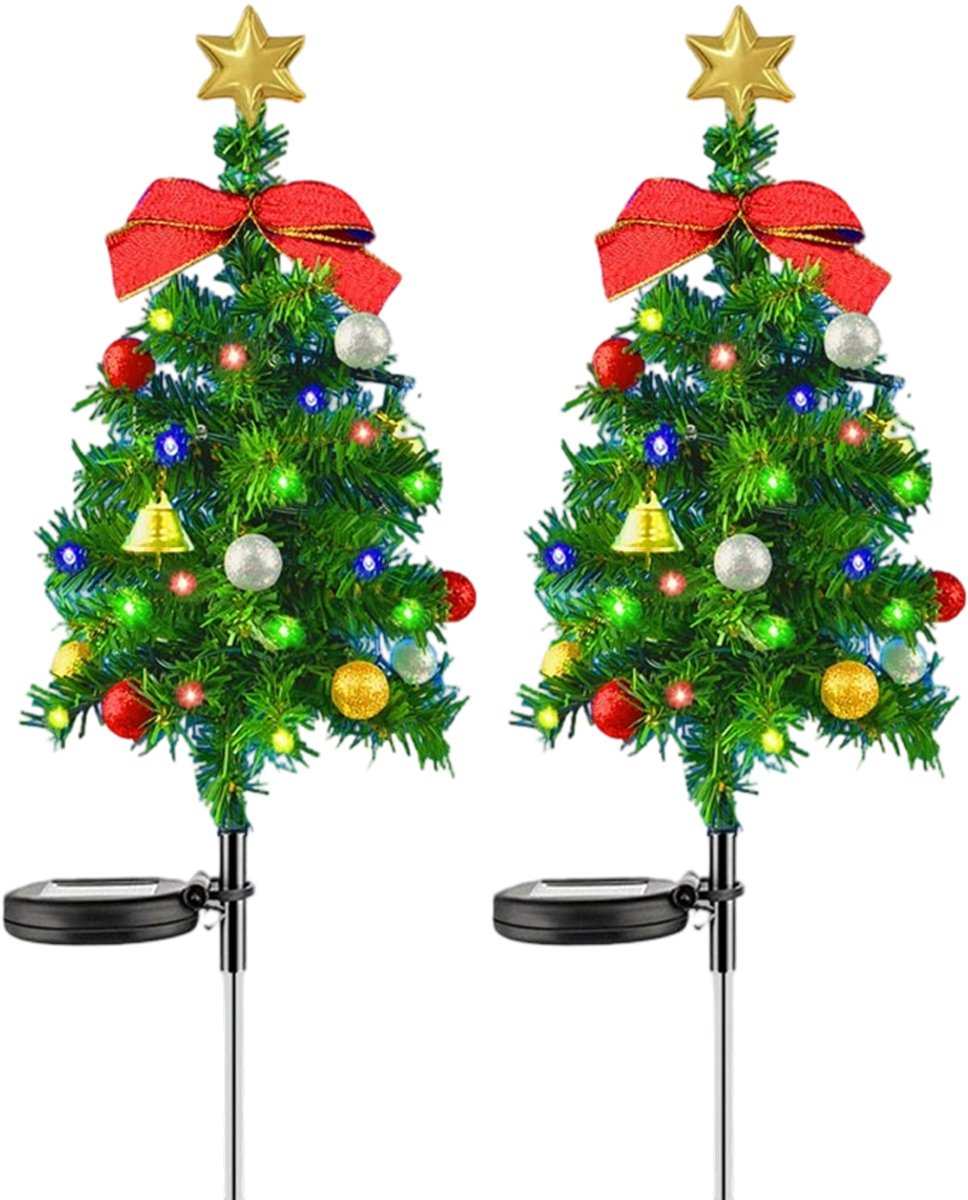 Zonne Energie Kerstboom Outdoor Decoratie - 2 Stuks LED Verlichting Twee Modus - Groen - Tuin En Buiten Decoratie