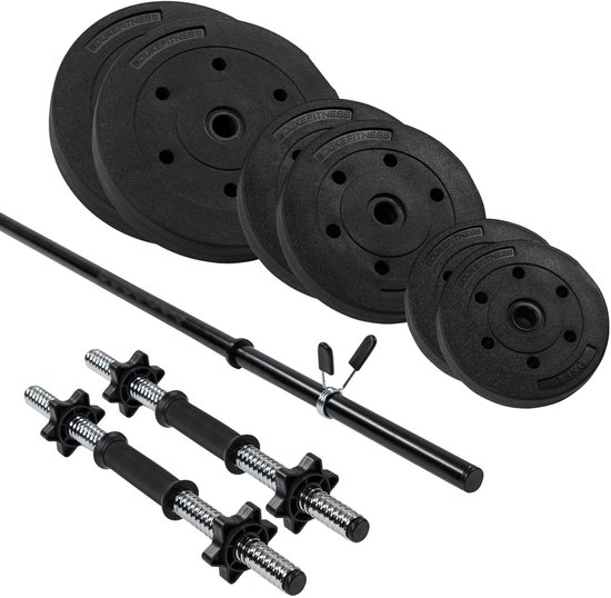 Zwarte halterstang, twee dumbbells en diverse zwarte gewichtsschijven van Duke Fitness.