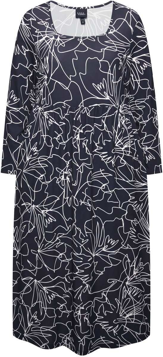 Ulla Popken Dames - Jersey jurk A-lijn carréhals lange mouwen zakken - Zwart - Maat 46+