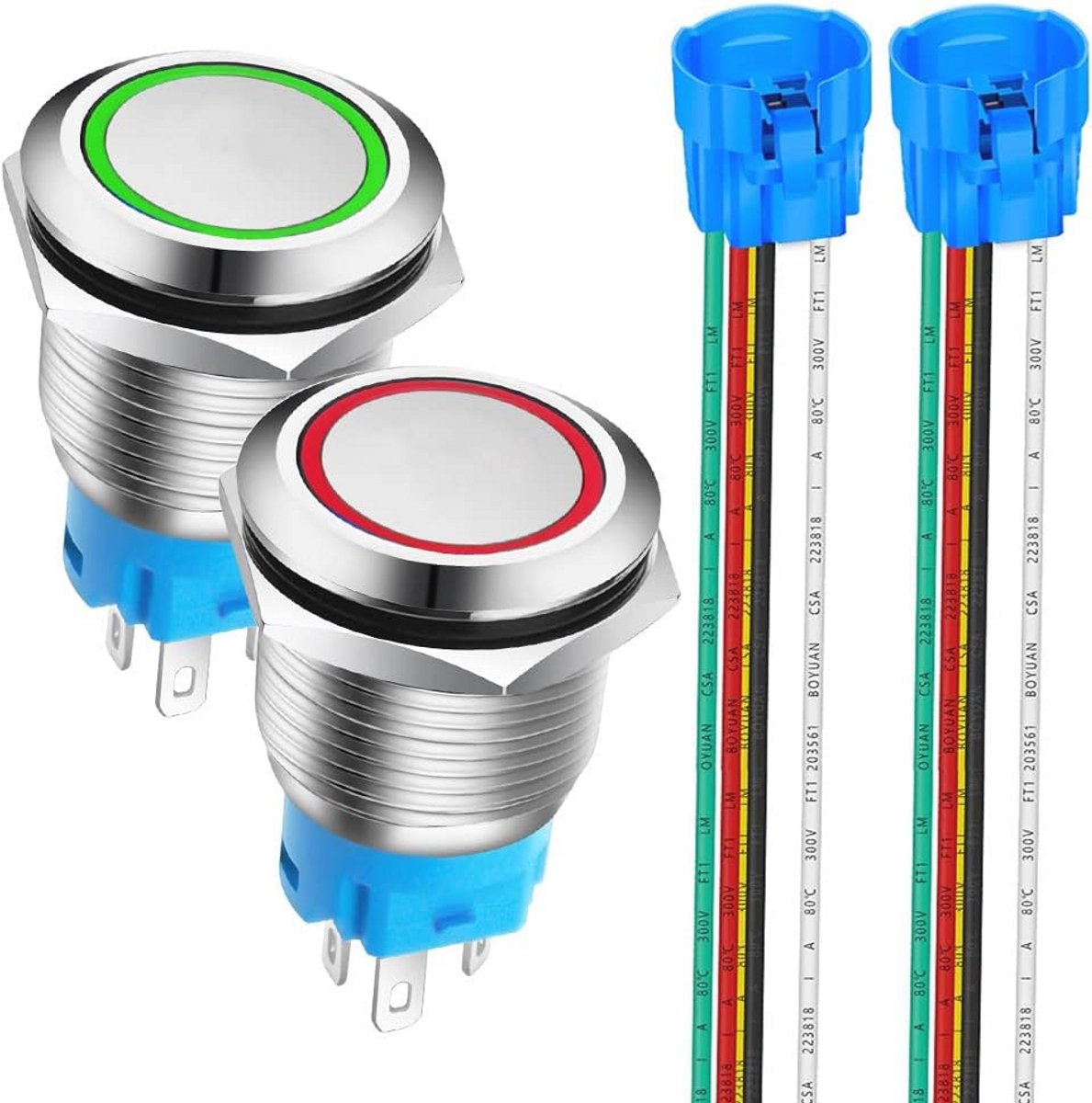 Roestvrij Stalen AAN-UIT Drukknoppen met LED Verlichting en Waterdichte Aansluiting - 0.75 inch/19mm