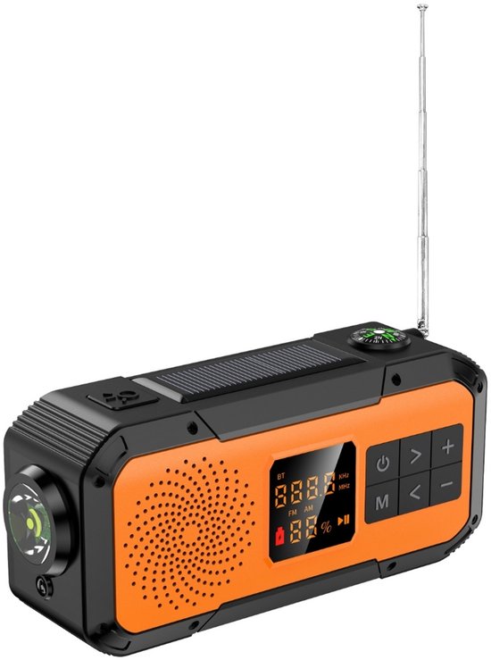 Denk Vooruit - Camp & Survive Solar BT PRO – Orange - Solar & Hand-Crank Noodradio | NOAA/WB/AM/FM, Bluetooth 5.2, LED Lamp & 2000mAh Powerbank