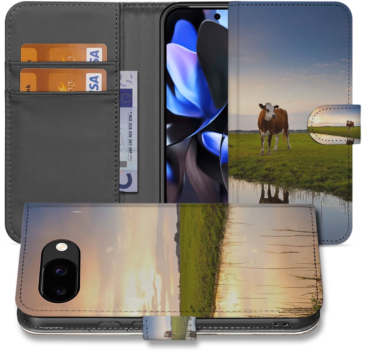 Book Case voor Book Case Portemonnee Hoesje Google Pixel 9a Koeienprint Zwart-Wit