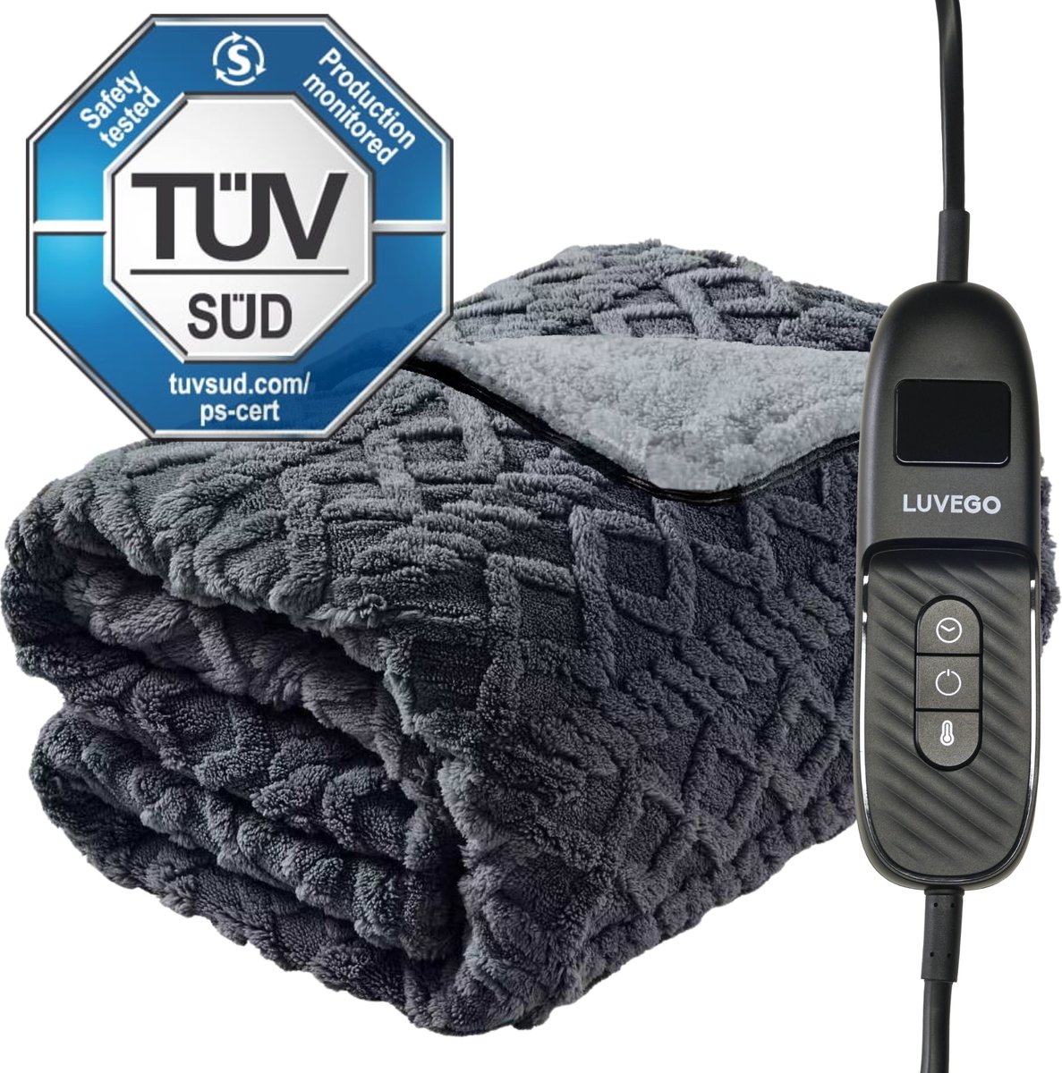 Luvego Elektrische Bovendeken Warmte deken met Fleece/Sherpa l Plaid 180x130 CM l 3.5 Meter Kabel l 160W l Grijs