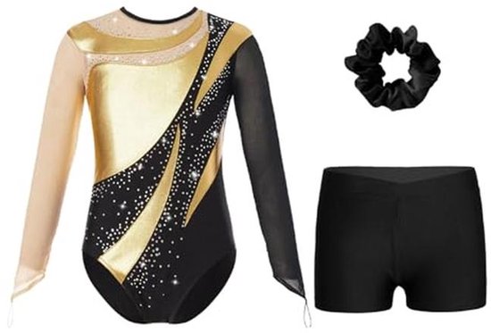 Zwart turnpakje met goudkleurige gouden accenten, beige en zwarte mouwen, versierd met strass. Inclusief shorts en scrunchie.