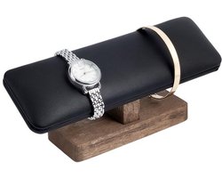 KARZO - Houten horloge display standaard, PU leren T-bar armband houder met houten basis, armband sieraden toren rek voor thuisgebruik, retail display verkoop, zwart, 19.8x6x8.5cm