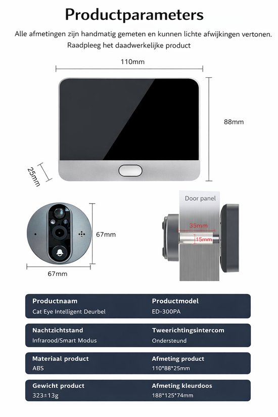 Narvie Q39 Deurspion Camera met Display - 1296P HD - Smart Life App - 2-Way Audio - PIR Bewegingsdetectie - Nachtzicht - 140° Groothoek - Alexa & Google Assistant van Merkloos — afbeelding 5