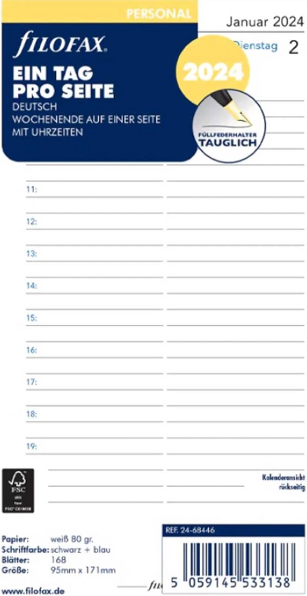 Agendavulling 2024 personeel 1 dag per pagina wit Duits