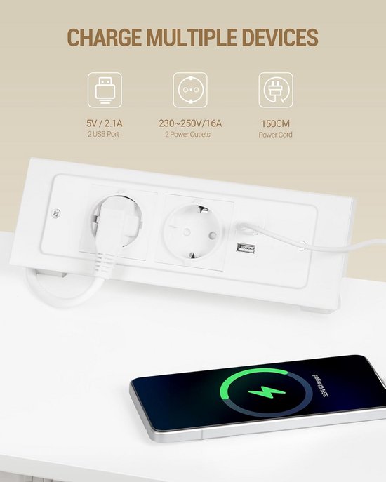 Nachtkastje met Oplaadstation en LED-Verlichting, Inclusief 2 USB-Poorten en Stopcontacten, Ideaal voor Slaapkamer en Woonkamer — afbeelding 4