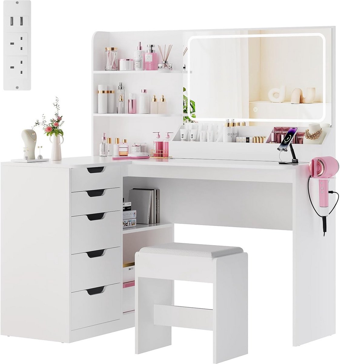 Ruime Dressing Table met Spiegel en LED Verlichting - Hoek Makeup Tafel met 5 Lades