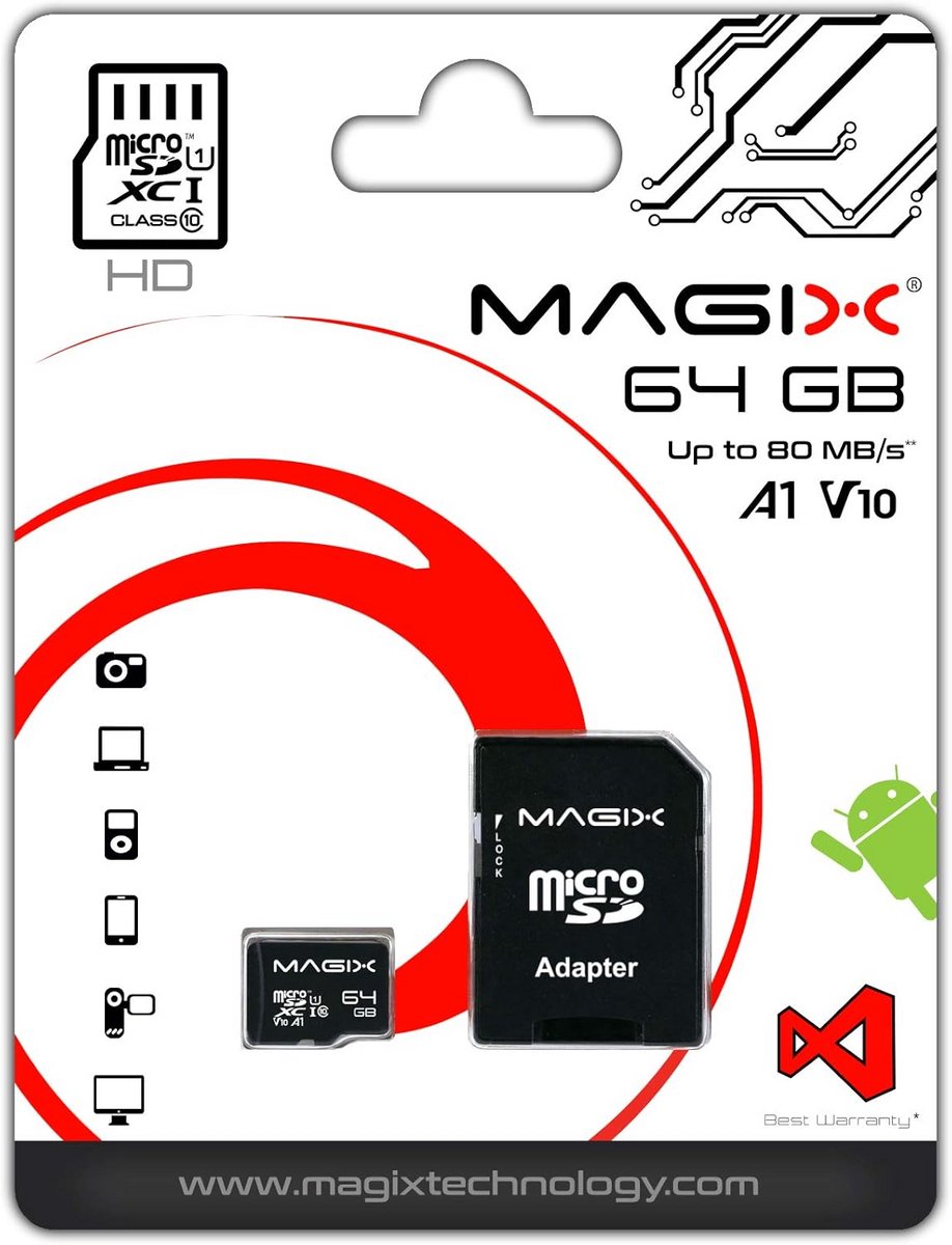 MicroSD-kaart HD Serie Class 10 V10 64GB met SD Adapter - Leessnelheid tot 80 MB/s
