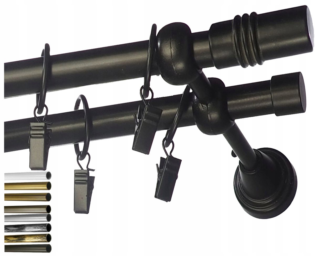 Dubbele Metalen Gordijnstang Fi 16 - 260 cm - Keuze uit 9 Kleuren & 10 Eindstukken