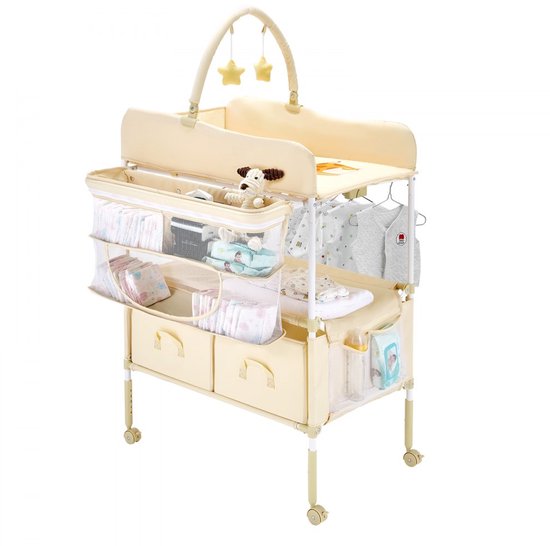 Baby Verschoontafel - Opvouwbare Commode - In Hoogte Verstelbaar - 2 Stoffen Lades - Zijmand & Kledingstang - Wielen Met Rem - 2 Speelsterren - Lichtbeige