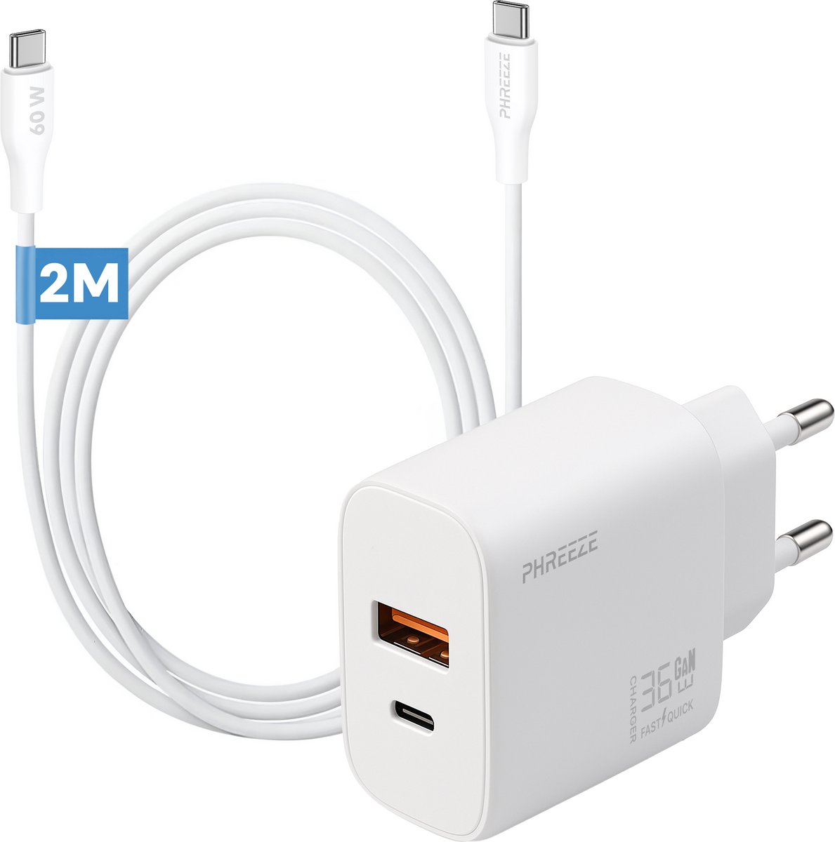 Usb adapter 35w met usb C naar usb C oplaadkabel snellader 2m wit