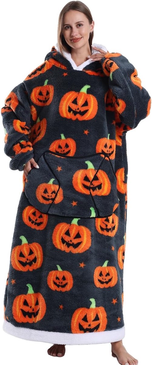 Oversized Hoodie Deken – Draagbare Deken voor Dames & Heren – One Size – Pompoen Print