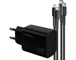 Snellader geschikt voor iPhone 14 13 12 11 X XR XS Max Pro Mini Plus en iPad met Lightning kabel - Phreeze usb C adapter 40 W met 2 kabels 1m - Power Delivery oplaadset